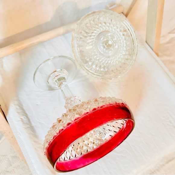 Vintage Indiana Glass Diamond Point Pedestal Candy Dish Ruby Band - Picture 4 of 5